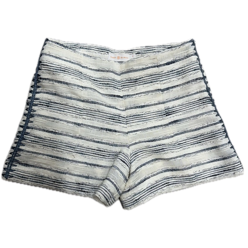 TORY BURCH Mini Shorts Size 0 Cream Blue Textured Lined Side Zip Embroidered